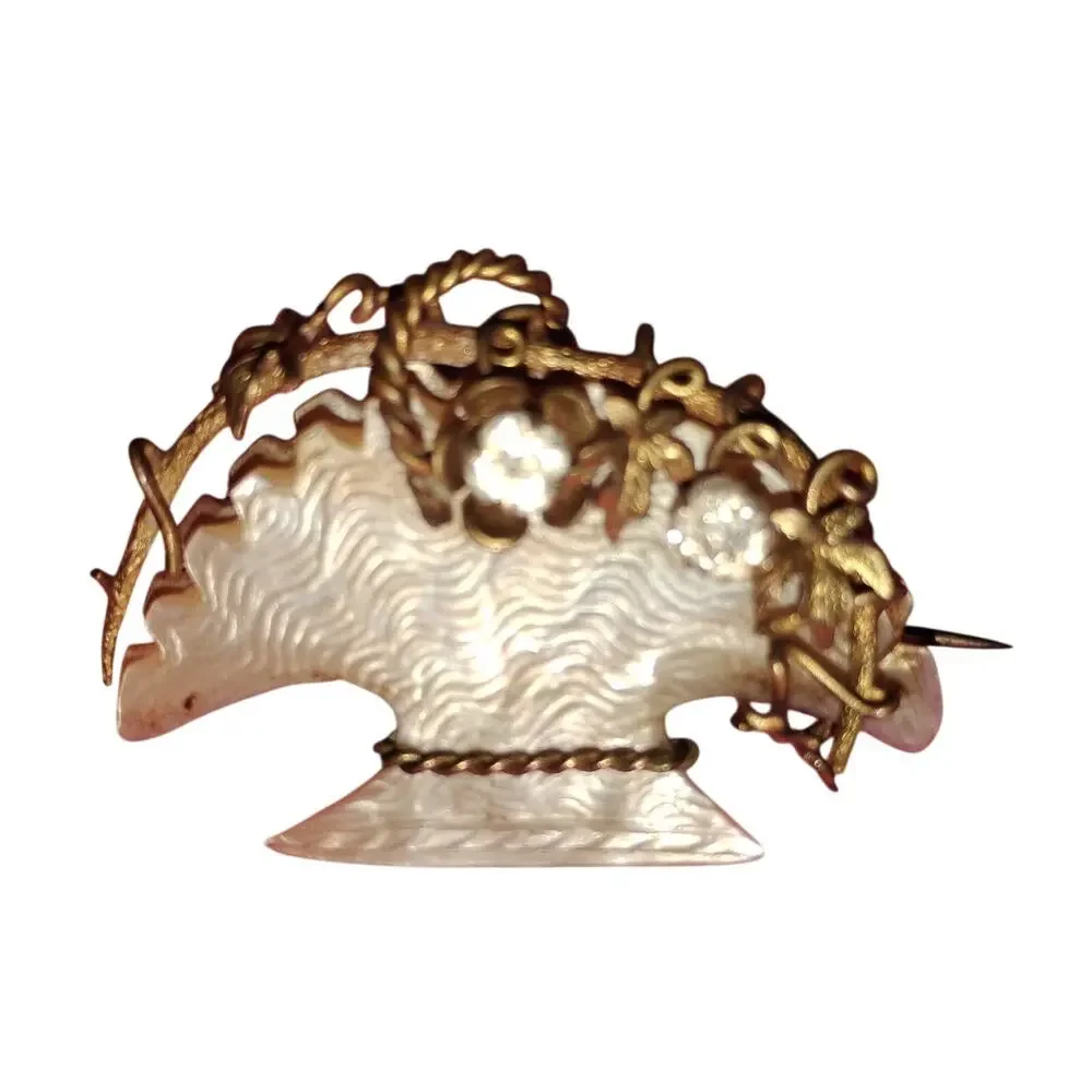 Antique Mother of Pearl Flower Basket Brooch Gold Tone Rhinestones